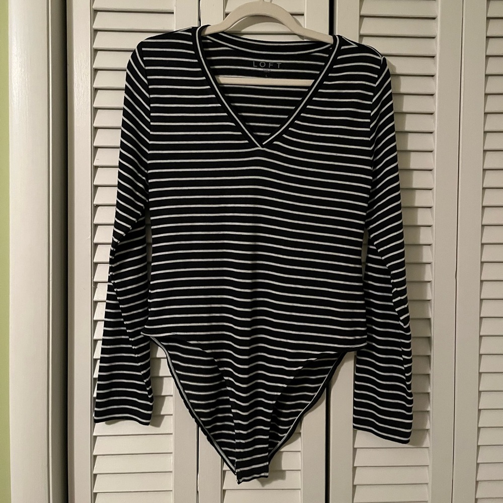 NWT Loft Navy and White Striped Long Sleeve Bodysuit Size Large
